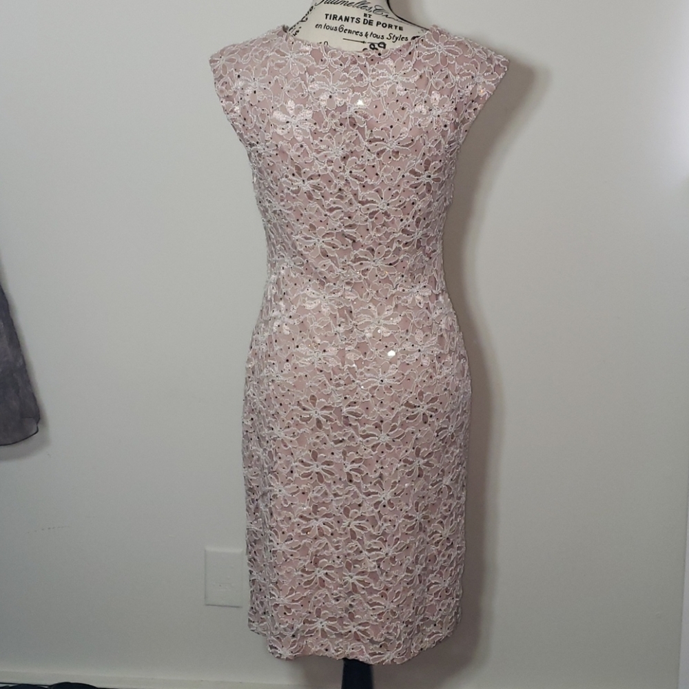 Dusty nude lace cocktail dress - Picture 2 of 8